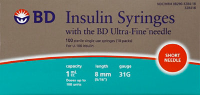 Bd Ultra-fine Short Insulin Syringes 31g X 8mm 1cc - 100 CT - Image 2