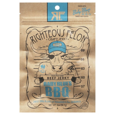 Righteous Felon Baby Blues Bbq Beef Jerky With Sweet Kick Sauce - 2 Oz - Image 1