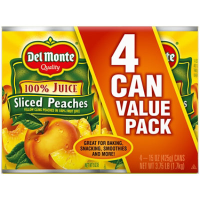 Del Monte Sliced Peaches In 100% Juice Can - 4-15 Oz