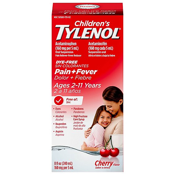 Tylenol Cherry Dye Free Childrens Pain Fever Medicine - 8 Fl. Oz.