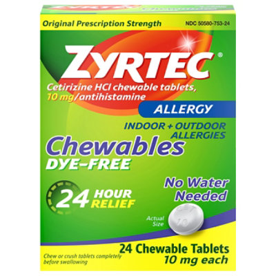 Zyrtec 24 Hour Cetirizine Hydrochloride Allergy Relief Chewable Tablets - 24 Count - Image 1