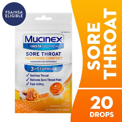 Mucinex InstaSoothe Honey And Echinacea Sore Throat Plus Cough Relief - 20 Count
