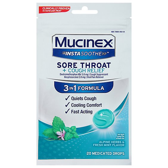 Mucinex InstaSoothe Alpine Herbs And Mint Sore Throat Plus Cough Relief - 20 Count