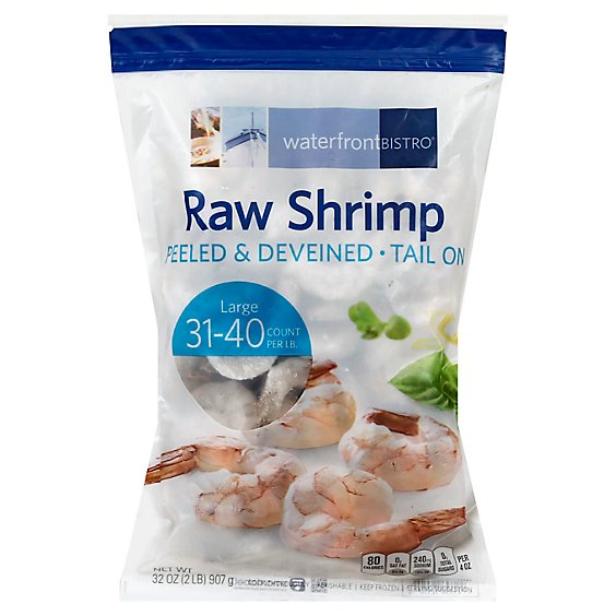 waterfront BISTRO Peeled & Deveined Tail On Large Raw Shrimp 31 To 40 Count - 32 Oz