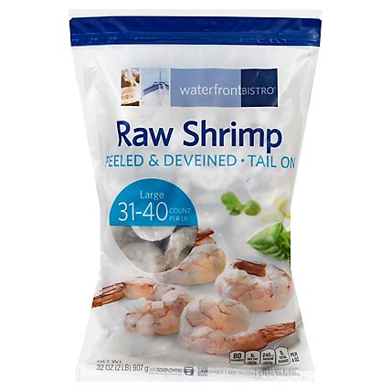 waterfront BISTRO Peeled & Deveined Tail On Large Raw Shrimp 31 To 40 Count - 32 Oz - Image 1