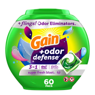 Gain Odor Defense 3 In 1 Super Fresh Blast Flings Pacs - 60 Count