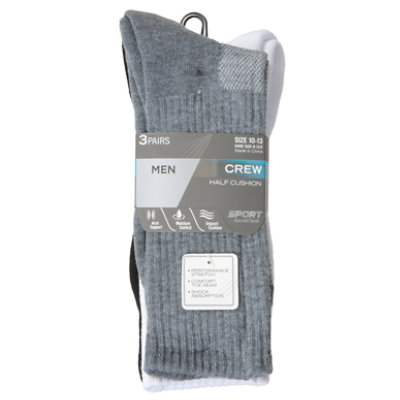 Round the Clock Size 10-13 Sport Mens Crew Half Cushion Socks - 3 Count