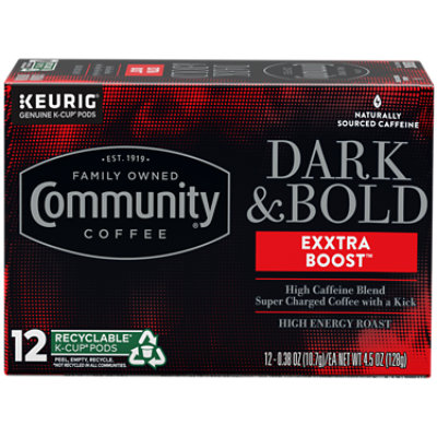 Community Coffee Dark & Bold Exxtra Boost Extra Dark Roast Pods Single Serve Box - 4.5 Oz - Image 1