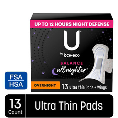 U by Kotex Balance Overnight Ultra Thin Pads with Wings - 13 Count - Image 1