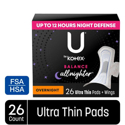 U by Kotex Balance Overnight Ultra Thin Pads with Wings - 26 Count - Image 1