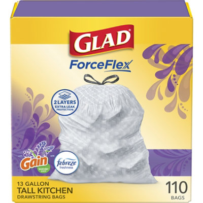 Glad ForceFlex Tall Kitchen Drawstring Trash Bags 13 Gallon Gain Lavender with Febreze - 110 Count - Image 1