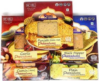 Rani Brand Authentic Indian Products - Rani Pappad (Lentil Wafer) 5-Variety Pack (Plain, Garlic, Cumin, Ex Hot, Black Pepper) 7ounce Approx 15pc - Image 1