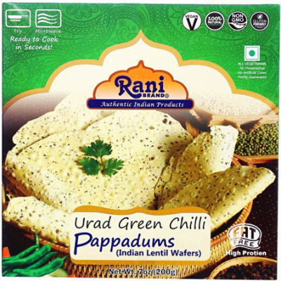 Rani Authentic Indian Brand - Pappadums (Indian Lentil Wafer Snack) Green Chilli Papad 7oz (200g) Approximately 15pc, 7 inches - Image 1