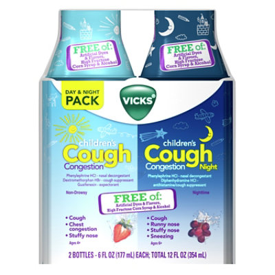 Vicks Children's, Cough & Congestion Relief, Day & Night Liquid Combo Pack, Free Of Artificial Dyes - 12 OZ - Image 1