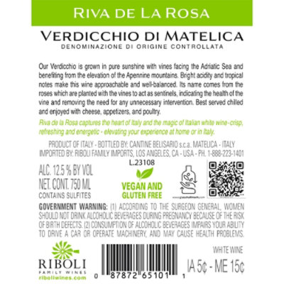 Riva De La Rosa Verdicchio Wine - 750 ML - Image 5