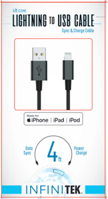 Lightning To USB Black Cable 4 Ft - Each - Image 1