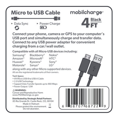 4ftmicrosyncchargecableunpkg-black - Each - Image 1