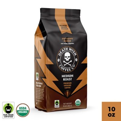Death Wish Coffee Organic and Fair Trade Medium Roast Ground Coffee - 10 Oz