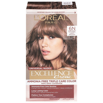 L'Oreal Paris Excellence Universal Nudes Permanent Hair Color 6N Natural Light Brown Kit - Each