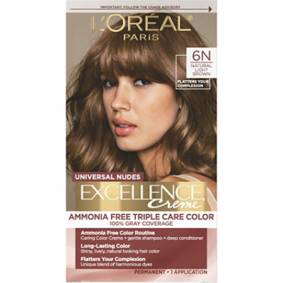 L'Oreal Paris Excellence Universal Nudes Permanent Hair Color 6N Natural Light Brown Kit - Each - Image 1