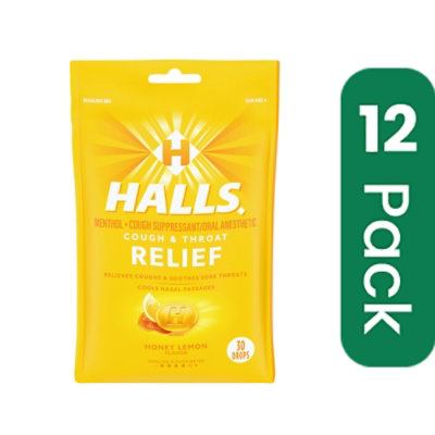 HALLS Cough Suppressant Drops Triple Soothing Action Honey Lemon - 30 Count (Pack of 12) - Image 1