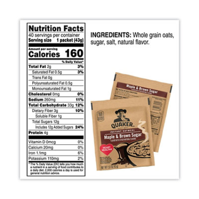 Quaker Instant Oatmeal, Maple and Brown Sugar, 1.51 oz Packet - 40 Count - Image 4