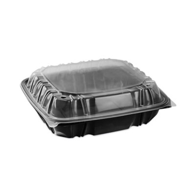 Pactiv Evergreen EarthChoice Vented Dual Color Microwavable Hinged Lid Container, 1-Compartment 66oz, 10.5x9.5x3, Black/Clear, Plastic - 132 Count - Image 1