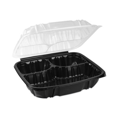 Pactiv Evergreen earthchoice vented dual color microwavable hinged lid container, 3-comp base/lid, 34 oz, 10.5x9.5x3, blk/clr, plastic - 132 Count - Image 2