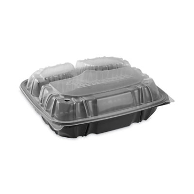 Pactiv Evergreen earthchoice vented dual color microwavable hinged lid container, 3-comp base/lid, 34 oz, 10.5x9.5x3, blk/clr, plastic - 132 Count - Image 1