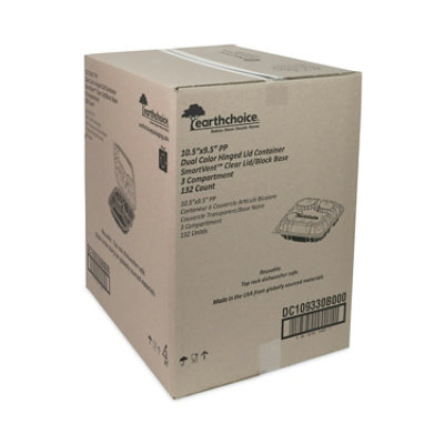 Pactiv Evergreen earthchoice vented dual color microwavable hinged lid container, 3-comp base/lid, 34 oz, 10.5x9.5x3, blk/clr, plastic - 132 Count - Image 3