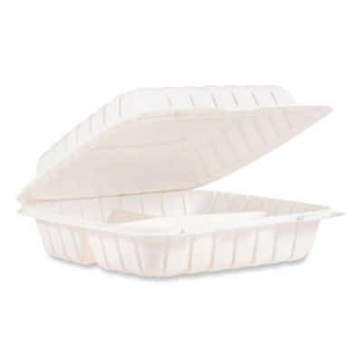 Dart Hinged Lid Containers, 3-Compartment, 9 x 8.75 x 3, White, Plastic - 150 Count - Image 1