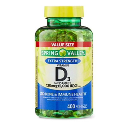 Spring Valley Vitamin D3 Softgels, 125 mcg per Softgel, 5,000 IU, 400 Count - Image 1