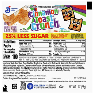 General Mills Reduced Sugar Cinnamon Toast Crunch Cereal, 1 Ounce (Pack of 96) - Image 1
