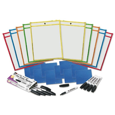 Charles Leonard Dry Erase Pocket Class Pack, 10.5  x 1.5, Assorted Primary Colors - 10 Count - Image 1