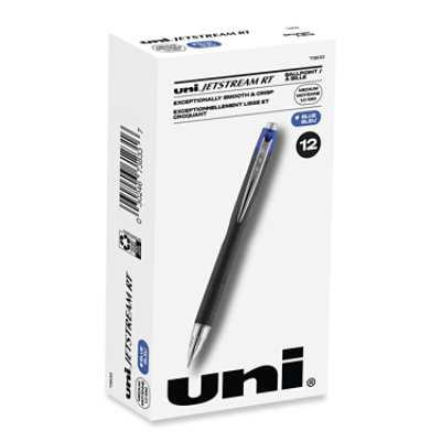uniball Jetstream Retractable Hybrid Gel Pen, Bold 1 mm, Blue Ink, Black/Silver/Blue Barrel - 12 Count - Image 1