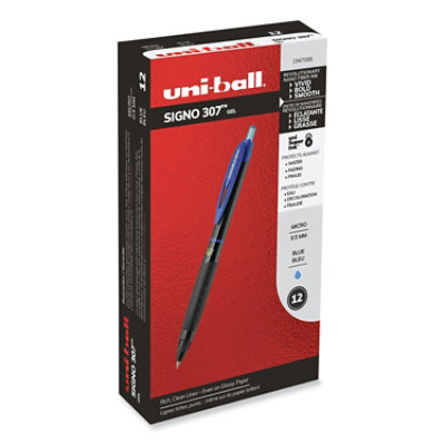 uniball 307 Gel Pen, Retractable, Fine 0.5 mm, Blue Ink, Black Barrel - 12 Count - Image 1