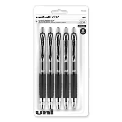 uniball Signo 207 Gel Pen, Retractable, Medium 0.7 mm, Black Ink, Clear/Black Barrel - 5 Count - Image 2