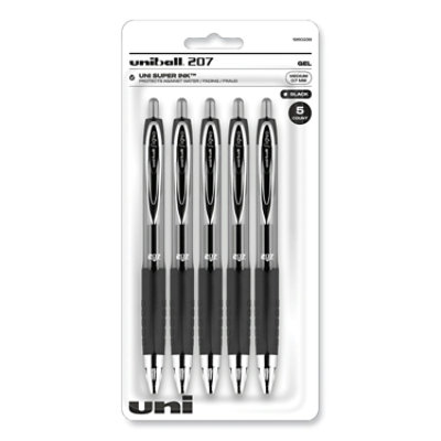 uniball Signo 207 Gel Pen, Retractable, Medium 0.7 mm, Black Ink, Clear/Black Barrel - 5 Count - Image 1