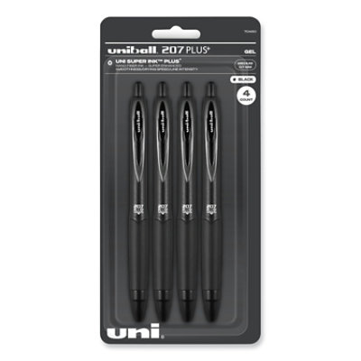 uniball 207 Plus+ Gel Pen, Retractable, Medium 0.7 mm, Black Ink, Black Barrel - 4 Count - Image 1