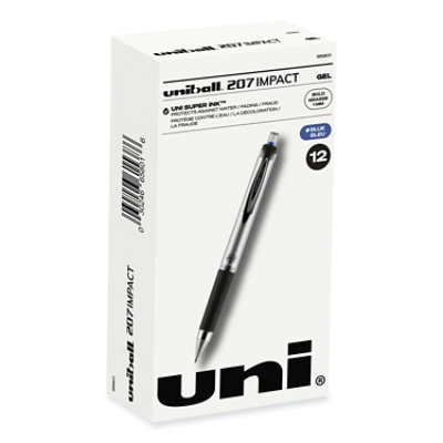 uniball 207 Impact Gel Pen, Stick, Bold 1 mm, Blue Ink, Silver/Black/Blue Barrel - 12 Count - Image 1