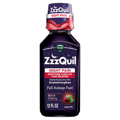 Vicks Zzzquil Night Pain Liquid Nighttime Sleep Aid Pain Reliever Midnight Berry - 12 Fl. Oz. - Image 1