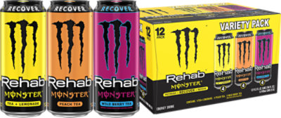 Monster Rehab Variety Pack, Lemon, Peach, Wild Berry Tea, 12 Count, 15.5 fl oz