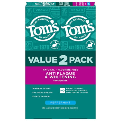 Tom's of Maine Peppermint Antiplaque And Whitening Fluoride Free Toothpaste - 2-4.5 Oz - Image 1