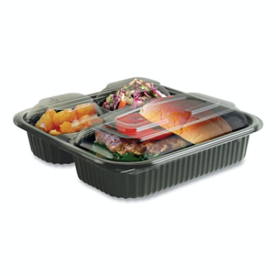 Anchor Packaging Culinary Squares 2-Piece/3-Compartment Microwavable Container, 21 oz/6 oz/6 oz, 8.46 x 8.46 x 2.5, Clear/Blk, Plastic - 150 Count - Image 1
