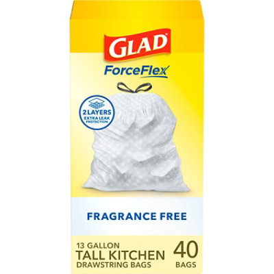 Glad Forceflex Fragrance Free Tall Kitchen Drawstring Trash Bags 13 Gallon - 40 Count - Image 1