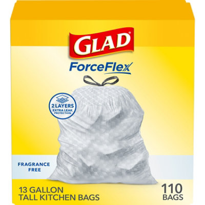 Glad Forceflex Fragrance Free Tall Kitchen Drawstring Trash Bags 13 Gallon - 110 Count - Image 1