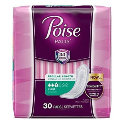 Poise Pads Regular 30pk, Adult, Female, Disposable, Absorb-Loc Core, Light Absorbency, One Size Fits Most (9.33 Inch Length), 30 Count, Pack - Image 1