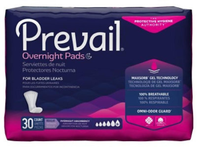 Prevail Daily Overnight Pads, Adult, Female, Disposable, Polymer Core, Heavy Absorbency, 16 Inch Length, 120 Count, Case - Image 1