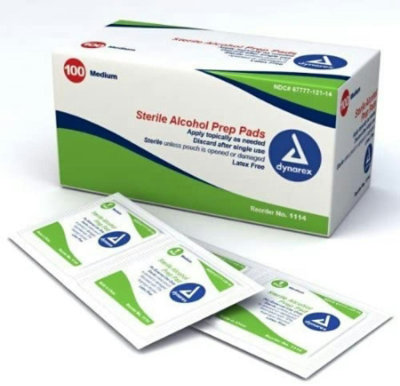 Dynarex Sterile Alcohol Prep Pads, Non-woven Gauze, Isopropyl Alcohol, 70% Strength, Alcohol Scent, Individual Packet, Medium, Latex-free, 100 Count, Each - Image 1