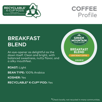 Green Mountain Coffee Roasters Breakfast Blend Keurig K Cup Pods Light Roast Coffee - 10 CT - Image 1